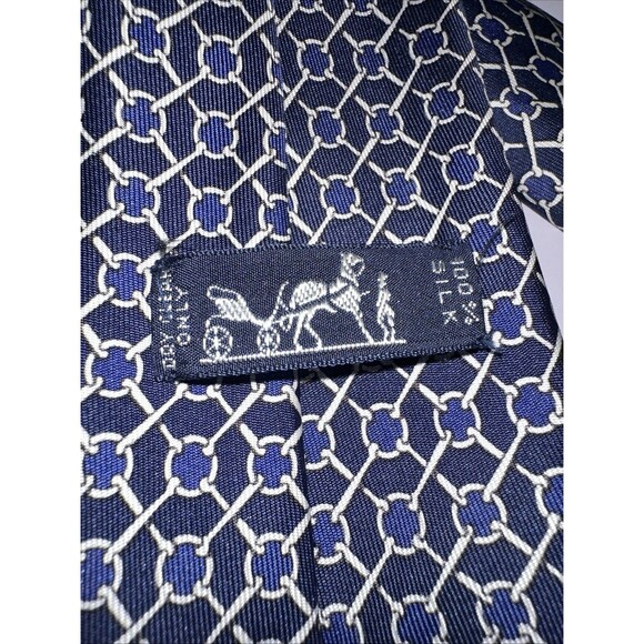 Hermes Navy Blue With Cream Design 55”(1400mm)L X 3”(76.2)W (990 SA) 100% Silk - Picture 1 of 4
